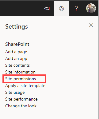 Settings with Site permissions highlighted.
