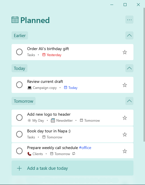 Planned smart list with tasks organized by Earlier, Today and Tomorrow