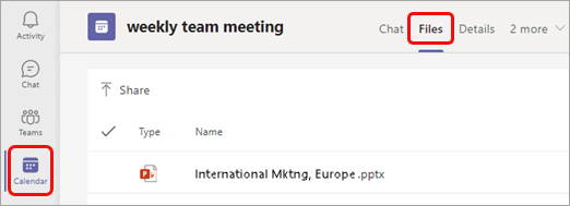 The Files tab at the top of a meeting event in calendar