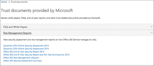 Shows the Service assurance page: Trust documents provided by Microsoft