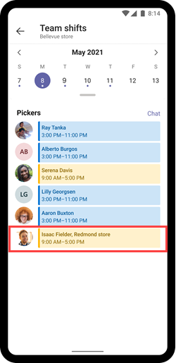 Screenshot of schedule on mobile showing worker from other location as an external employee.