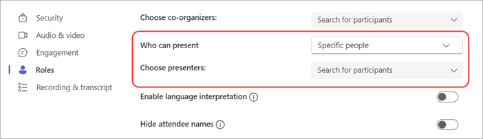 Screenshot showing how to select presenters in a Teams meeting.