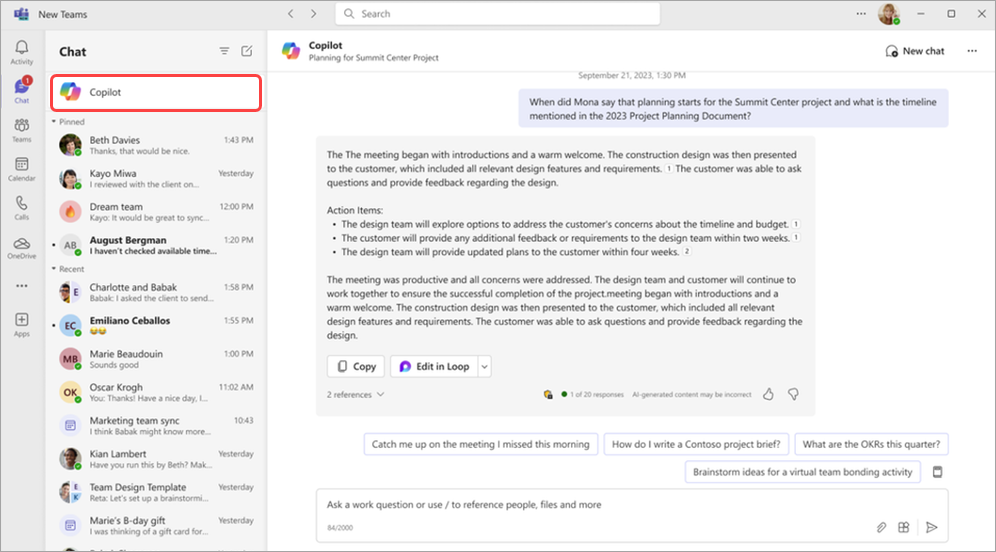 Screenshot highlighting the Copilot app above chat in Microsoft Teams