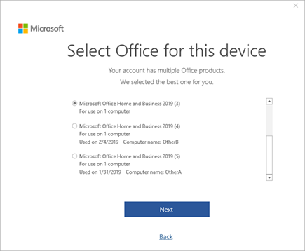 Screenshot of Select Office for this device window