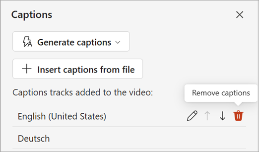 Remove captions button for a captions track in the Captions pane.