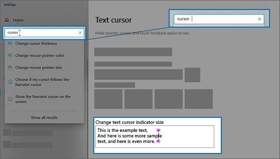 The Settings page for text cursor