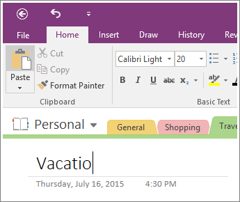 Screenshot of adding a page title to a page in OneNote 2016