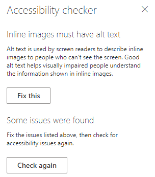The Accessibility Checker pane in Outlook for the web showing an accessibility issue, and the Fix this and Check again buttons.