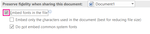 Use File > Options to turn on font embedding for your file