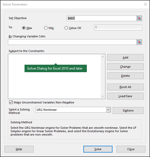 Image of the Excel 2010+ Solver dialog