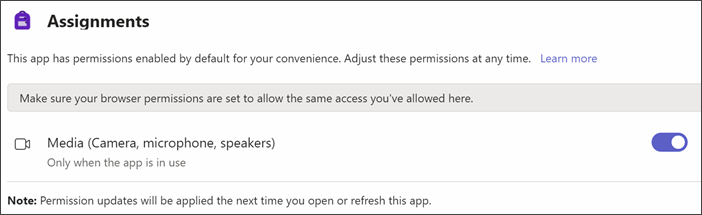 Screenshot of Teams settings after selecting App Permissions. a setting called Media is shown with the toggle on. 