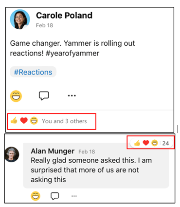 Screenshot showing how to see which conversations have the most reactions on Yammer mobile