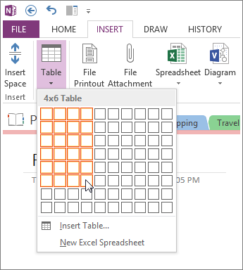 Insert a table into OneNote.