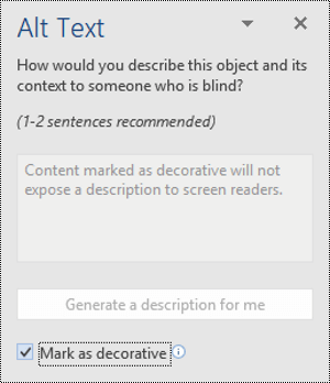 Alt Text pane with the Mark as Decorative option selected in Word for Windows.