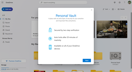 Personal Vault set up features.