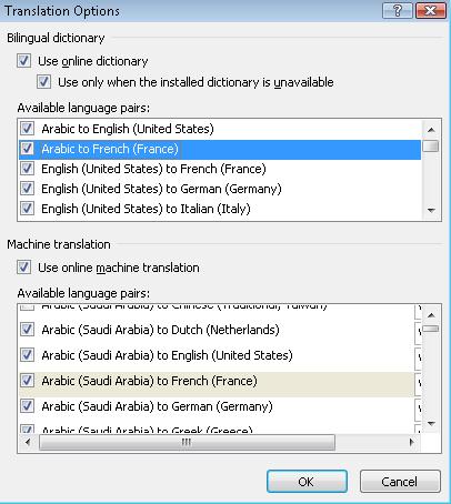 Translate Options dialog box