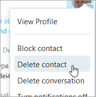 A screenshot of the Delete contact option in the Skype contact context menu