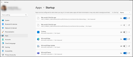 Shows the Startup page in Settings, with the apps you can choose for automatic startup.  Some apps have a title saying they can't be found.