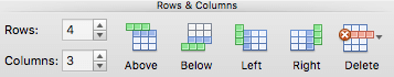 Buttons on the ribbon for editing table rows and columns