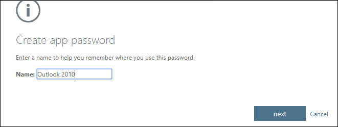 Create app passwords page, with name of app that needs password