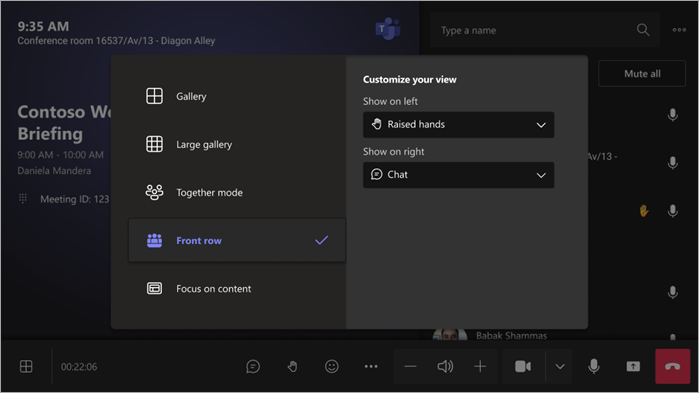 Screenshot of Front Row display view in a Microsoft Teams Room.