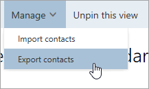 A screenshot of the Export contacts option in the Manage menu