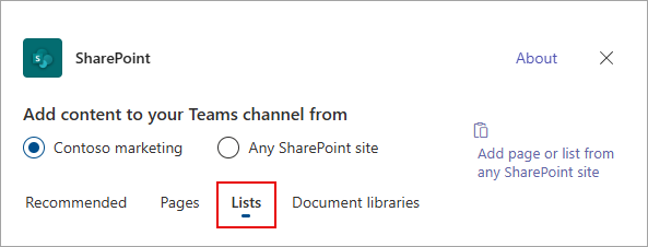 Select Lists to add lists to your Teams channel.