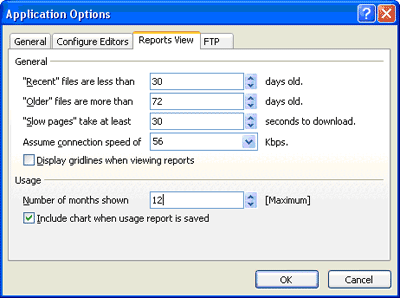 Application Options dialog box showing Reports View tab