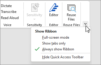 Ribbon display options menu
