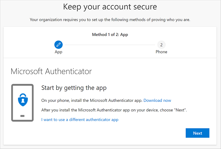 Keep your account secure wizard, showing the Authenticator app download page