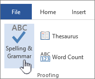 Spelling and grammar button on the Review ribbon