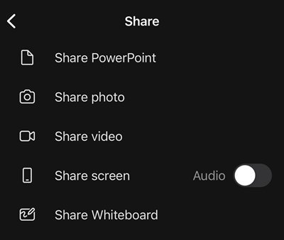 Sharing options, including sharing a PowerPoint, photo, video, or screen.