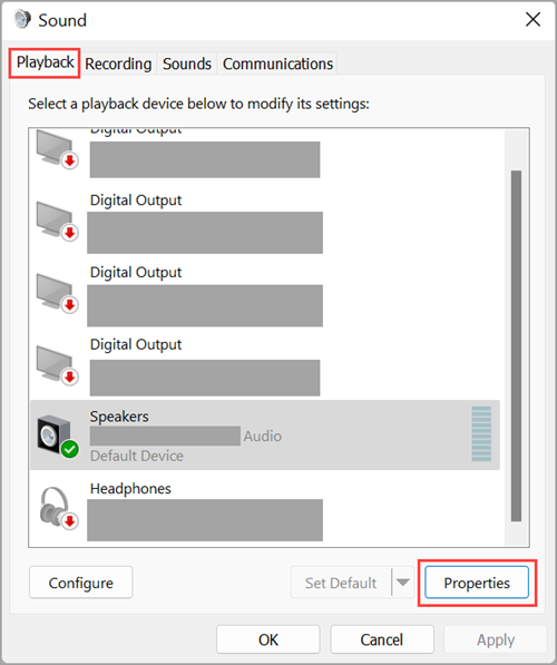 Access audio output device properties in Windows 11 Sound Settings.