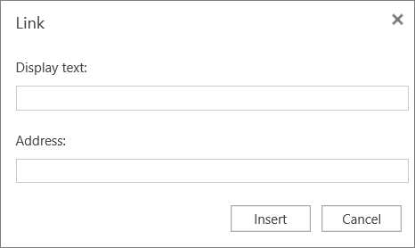 Screenshot shows the Link dialog box where you can provide display text and address information for hyperlinks.