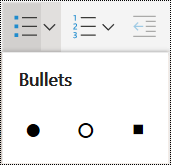 Bulleted list menu in OneNote for the web
