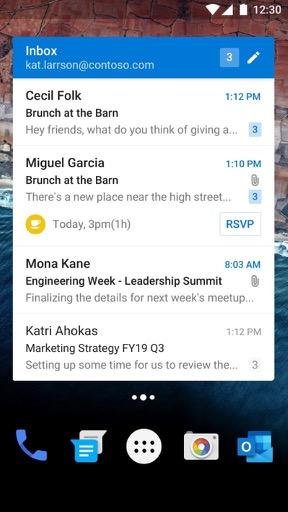 The Android email widget in wide mode
