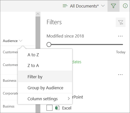 Click Filter by to open filter panel