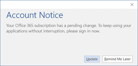 Click Update to update Office after your organiation switches Office 365 plans.
