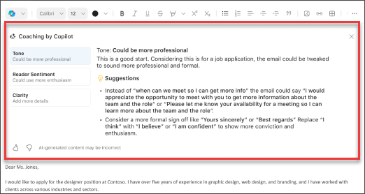 Copilot's suggestions for tone, clarity, and reader sentiment in Outlook for mobile