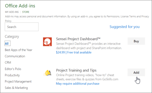 Screenshot of the Office Add-ins page in the Store where you can select or search for an add-in for Project.