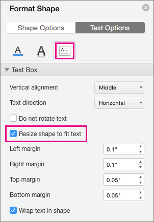 Resize text to shape is highlighted in the Format Shape pane.