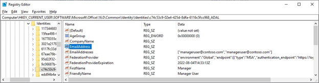 Screenshot of registry editor and path when Outlook stops