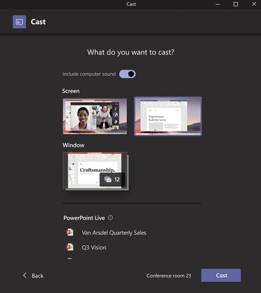 A pop up that asks What do you want to cast? With options to share your screen, a window, or a specific file.
