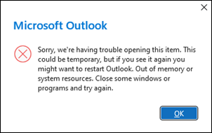 Outlook error open sixty emails