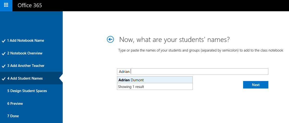 Screenshot of how to add students' names individually using the Class Notebook Creator.