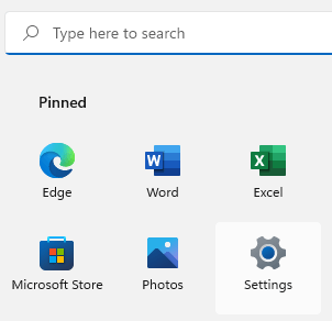 Windows 11 Start menu with Settings highlighted.