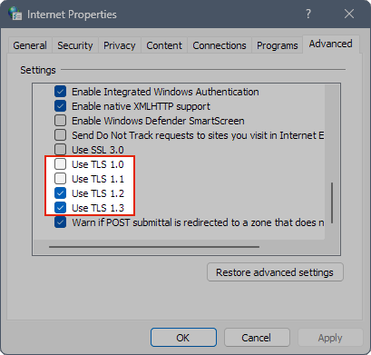 Screenshot showing TLS settings in Internet Properties