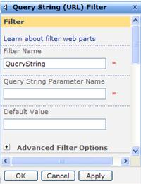 The tool pane for the Query String URL Filter Web Part.