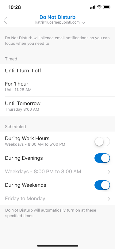 A settings screen showing the options for silencing both personal and work emails on demand, as well as on a schedule.
