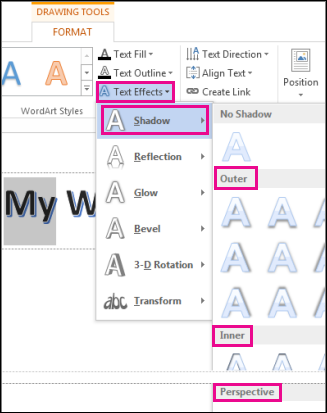 Shadow options found on the Drawing Tools Format tab after clicking Text Effects and then clicking Shadow